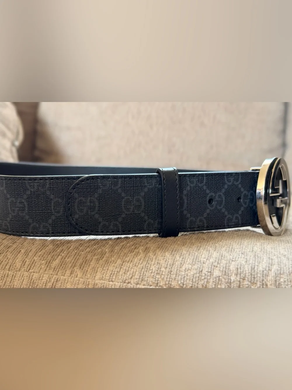 Gucci Black Monogram Leather Belt with Silver Interlocking G Buckle